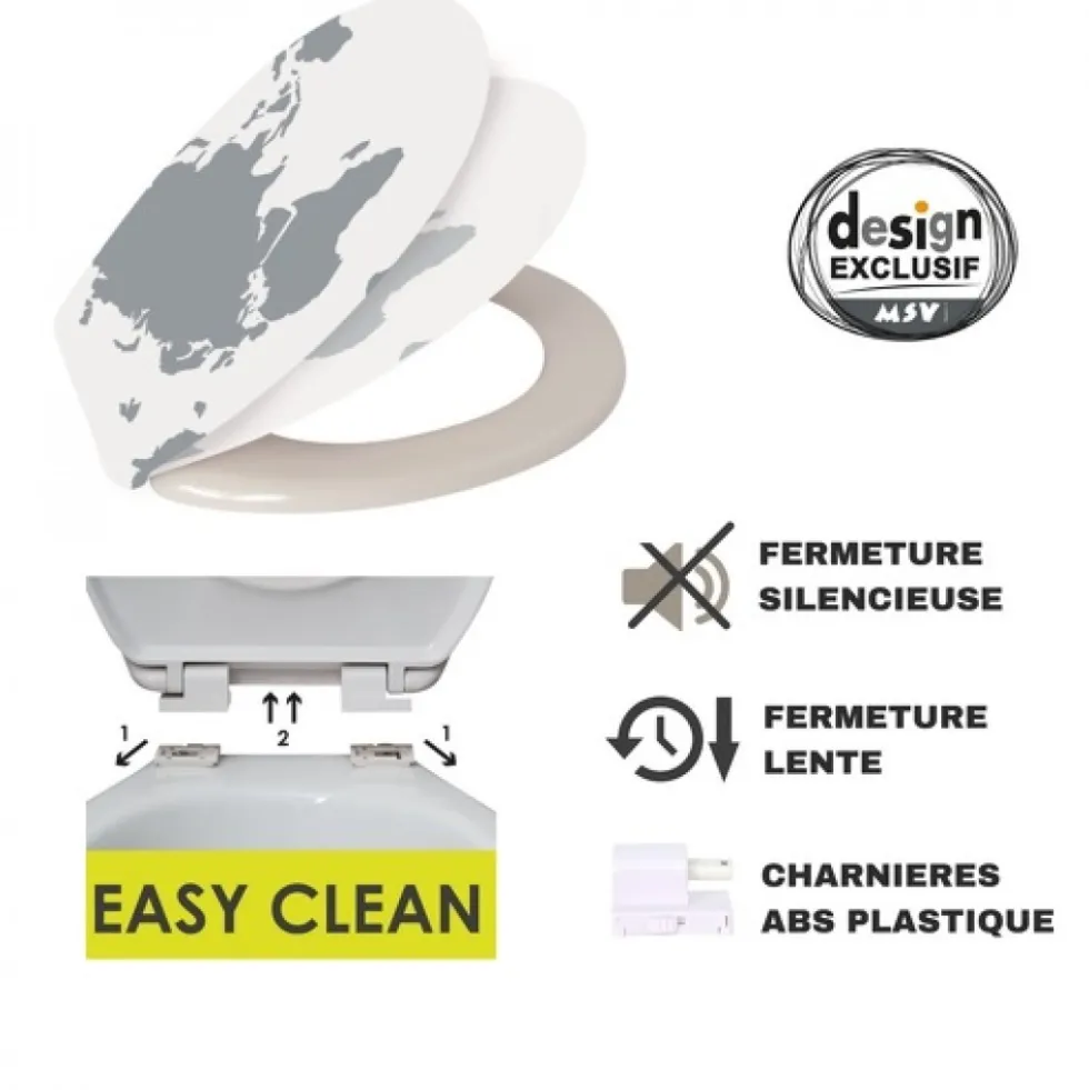 Abattant WC - Thermodur - Charnières PS - WORLD - Gris et Blanc MSV