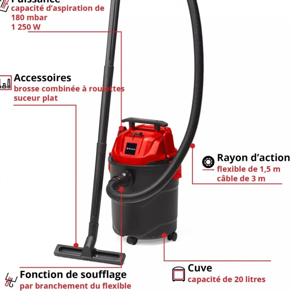 Aspirateur eau et poussière - 20L - puissance 1250W - TC-VC 1820 EINHELL