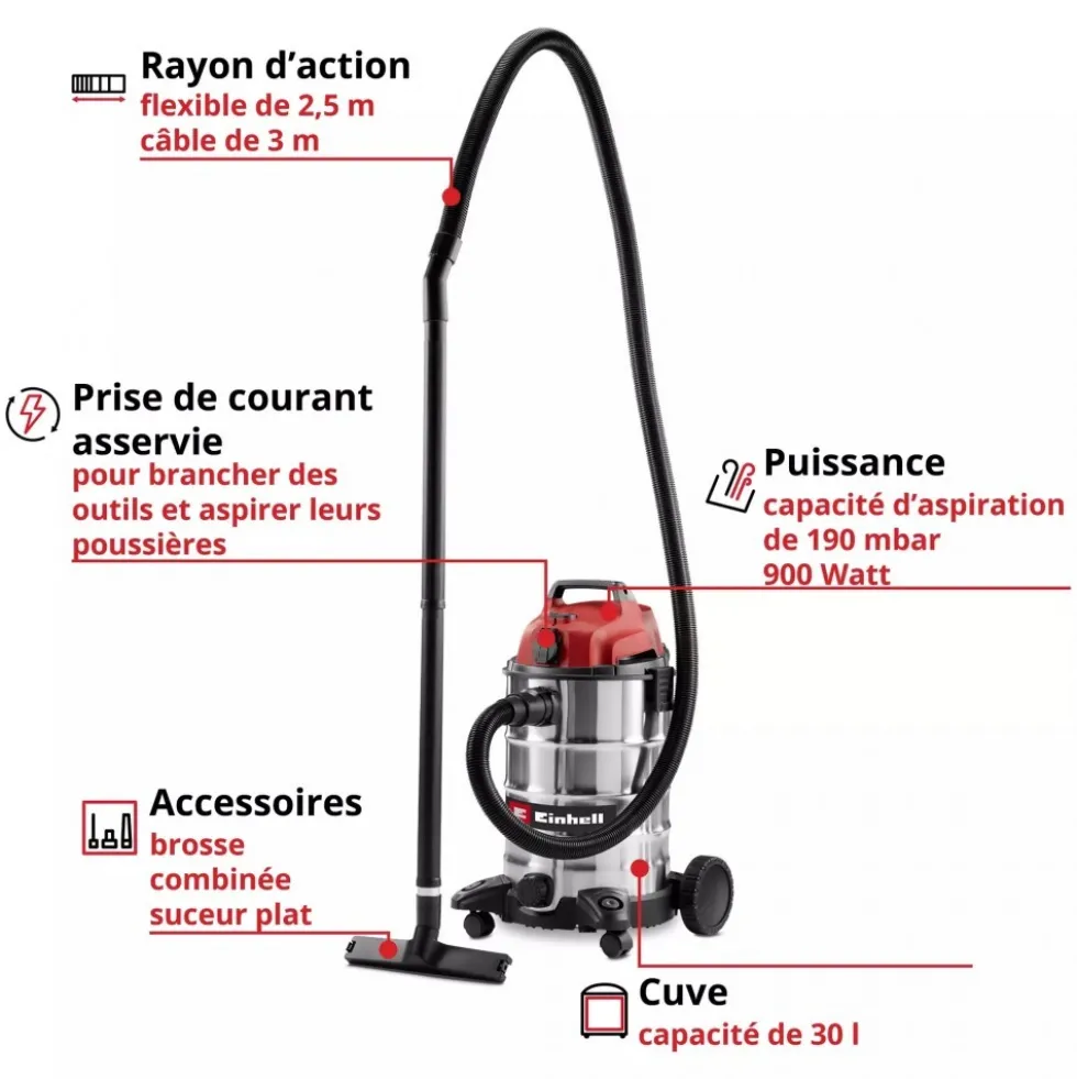Aspirateur eau et poussières - 30L - puissance 900W - TC-VC 3055 SA EINHELL