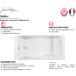 Baignoire bain douche 160x85cm avec pieds réglables et vidage - Malice JACOB DELAFON