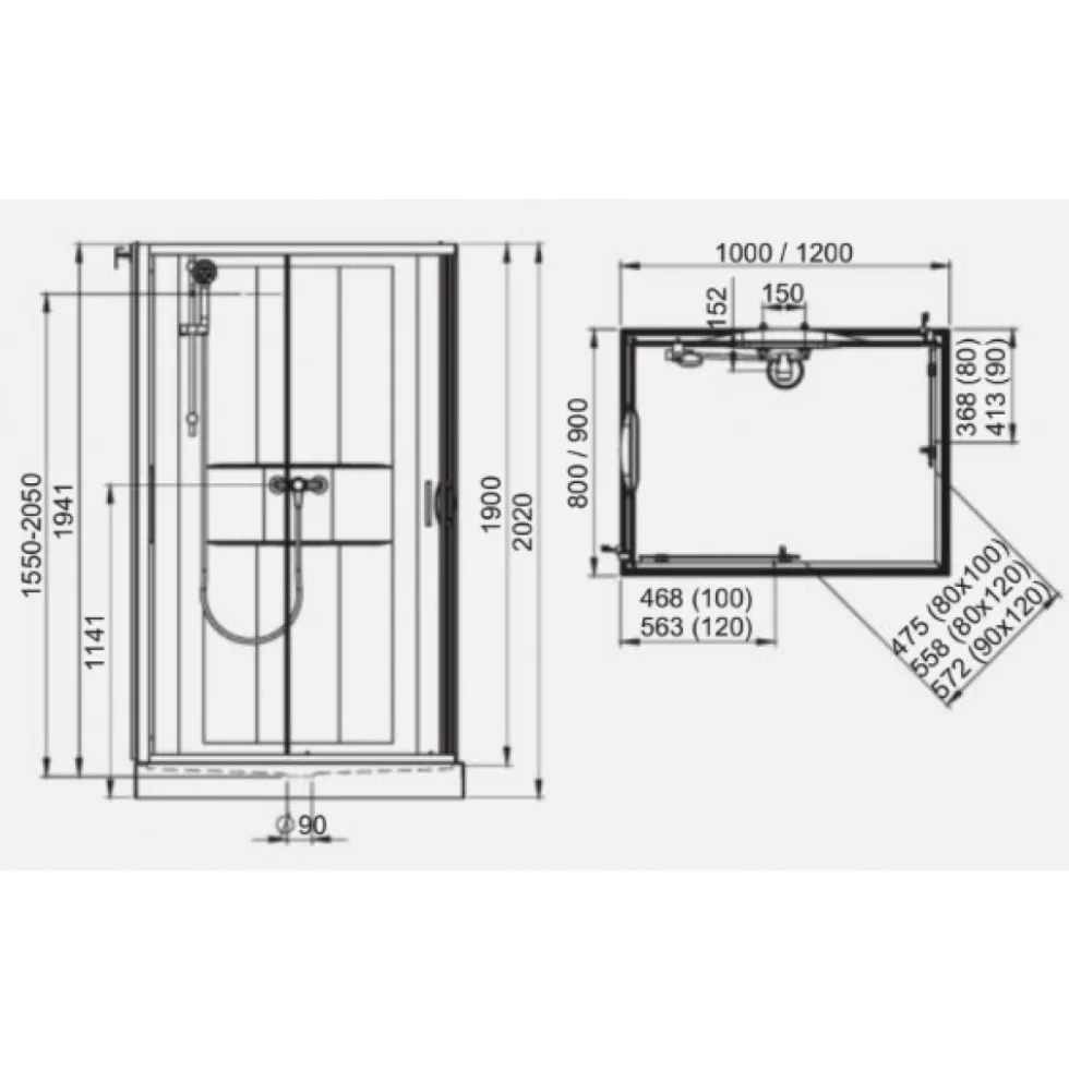 Cabine de douche 120x80 cm Izibox 2 accès d'angle portes coulissantes LEDA