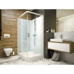 Cabine de douche 80x80 cm Iziglass 2 - accès d'angle portes coulissantes - mitigeur mécanique LEDA