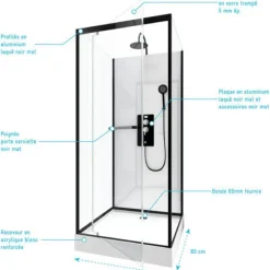 Cabine de douche 80x80 cm - porte pivotante - noire mate - City AURLANE