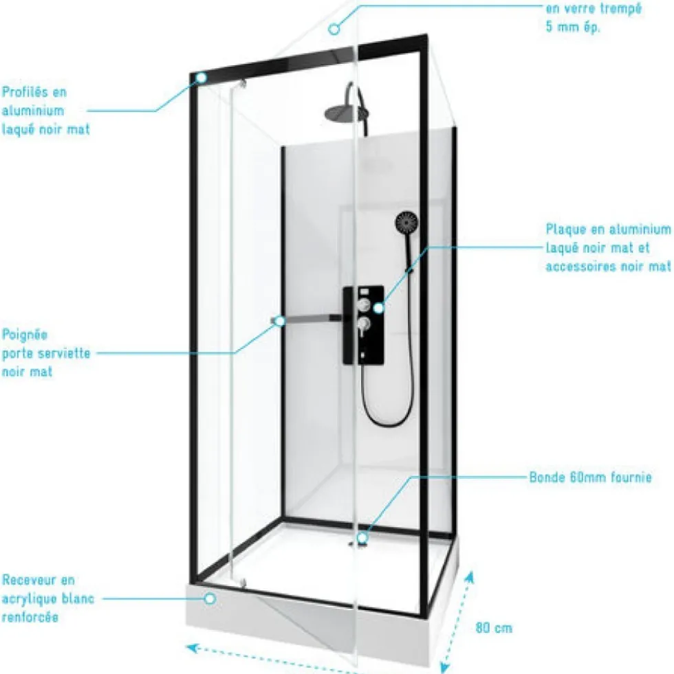 Cabine de douche 80x80 cm - porte pivotante - noire mate - City AURLANE