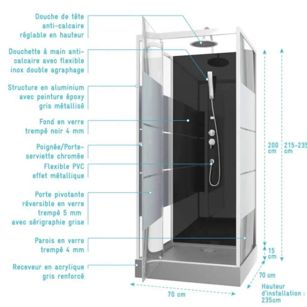 Cabine de douche 70 x 70 cm Study avec porte pivotante sérigraphiée AURLANE