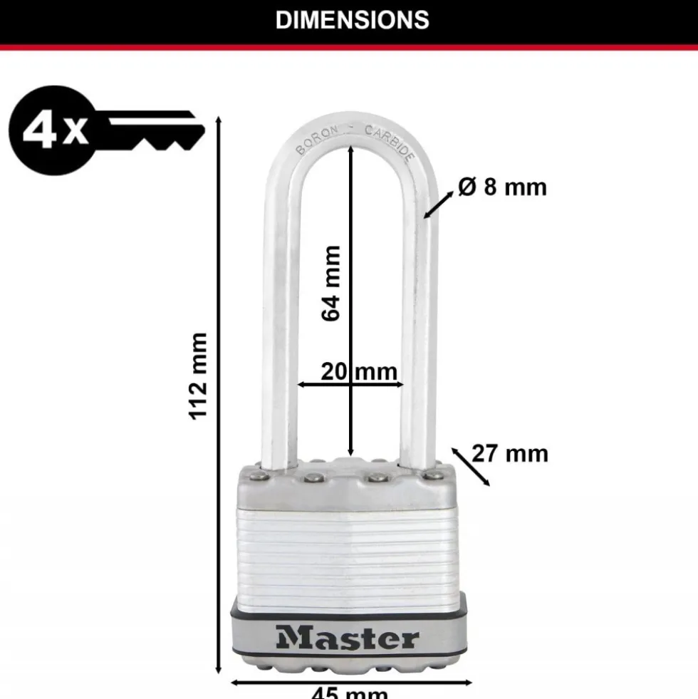Cadenas à clé - acier laminé - 45mm de large - anse octogonale de 64mm MASTER LOCK