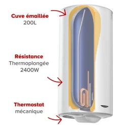 Chauffe-eau électrique blindé vertical Initio 200L avec trépied et groupe de sécurité ARISTON