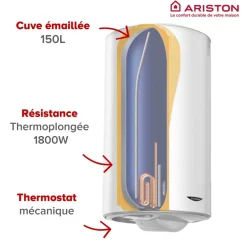 Chauffe-eau électrique blindé vertical Initio 150L avec trépied et groupe de sécurité ARISTON