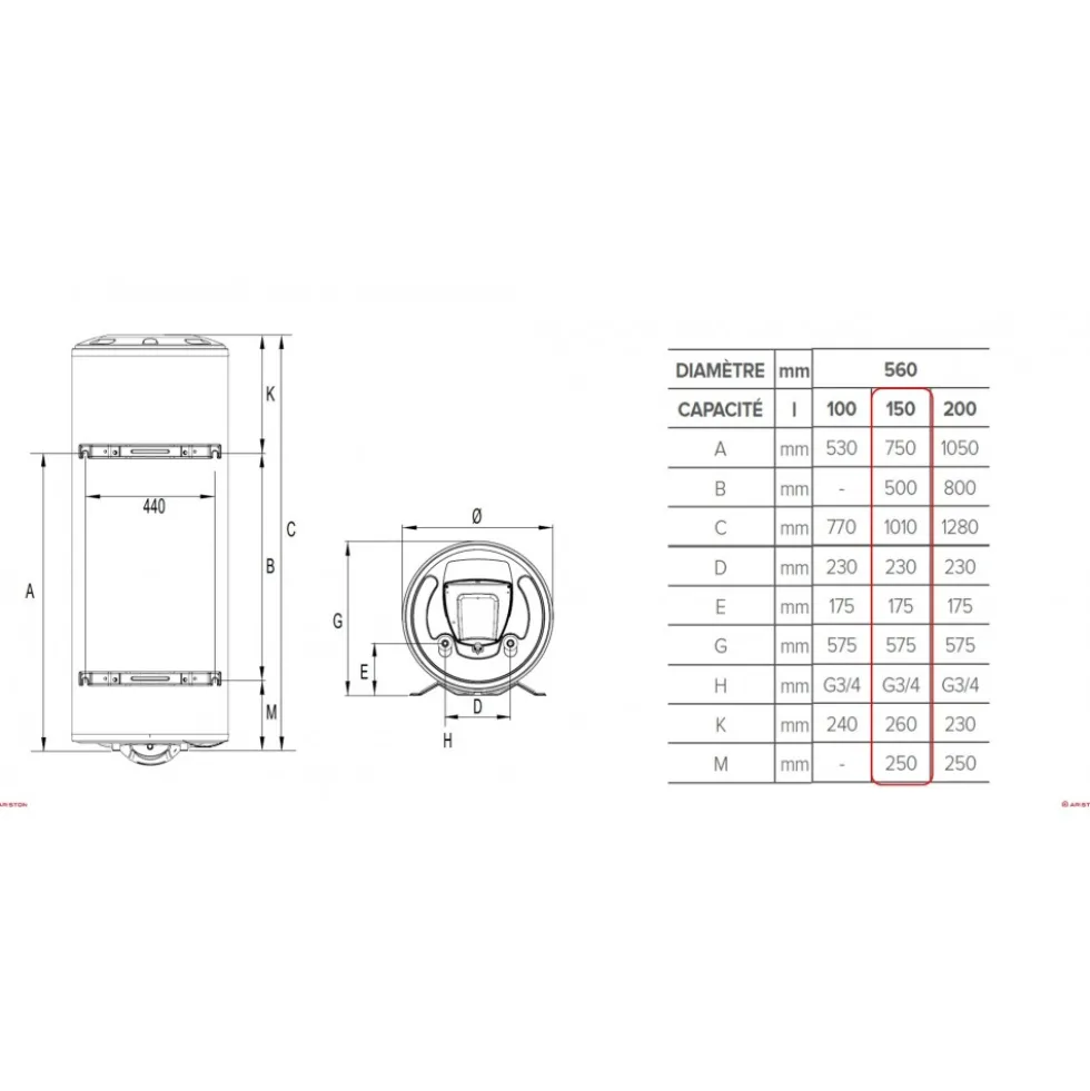 Chauffe-eau électrique stéatite vertical mural 150L Ø560mm - Sagéo ARISTON