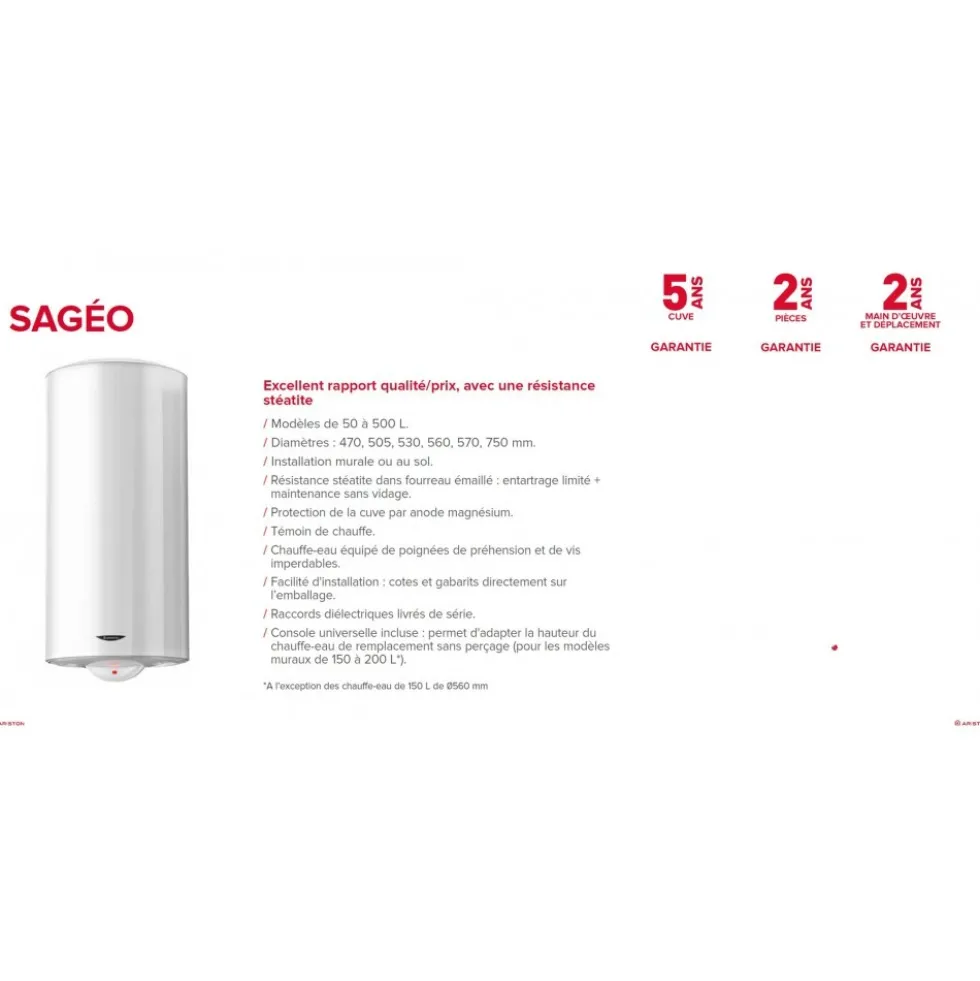 Chauffe-eau électrique stéatite vertical mural 150L Ø560mm - Sagéo ARISTON