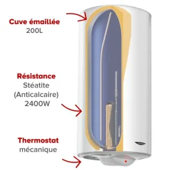 Chauffe-eau électrique stéatite vertical Sagéo 200L avec trépied et groupe de sécurité ARISTON