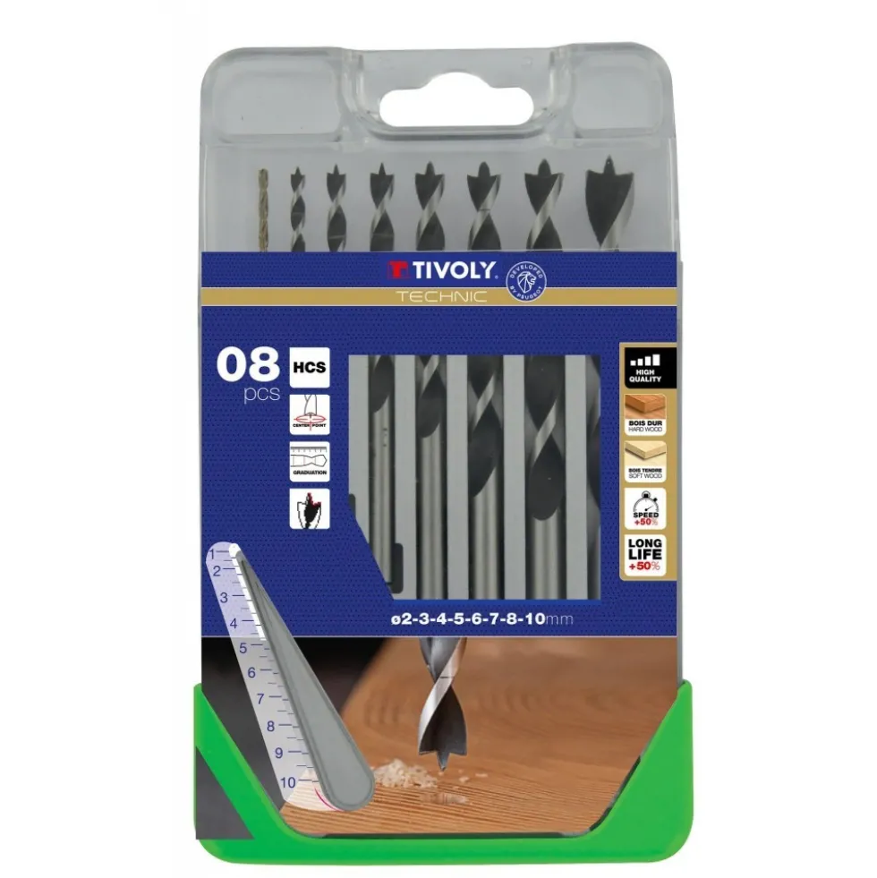Coffret de 8 forets bois gradués - 3 pointes - Ø 2 à 10 mm TIVOLY