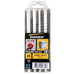 Coffret 5 forets béton 4G4 4 taillants attachement SDS + - diamètre 6 à 12mm DIAGER