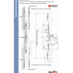 Crémone avec panneton - ajustable haut et bas par prolongateur - F15 FERCO