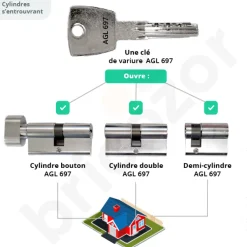 Cylindre double s'entrouvrant - variure AGL697 - laiton nickelé - ISR6 ISEO