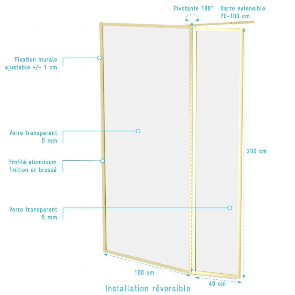 Ensemble de douche à l'italienne 120 cm - finition or brossé - pack complet AURLANE