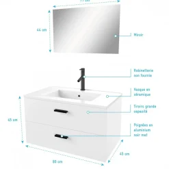 Ensemble meuble vasque salle de bains 80 cm - 2 tiroirs - blanc - Lift AURLANE