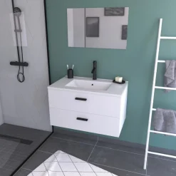 Ensemble meuble vasque salle de bains 80 cm - 2 tiroirs - blanc - Lift AURLANE
