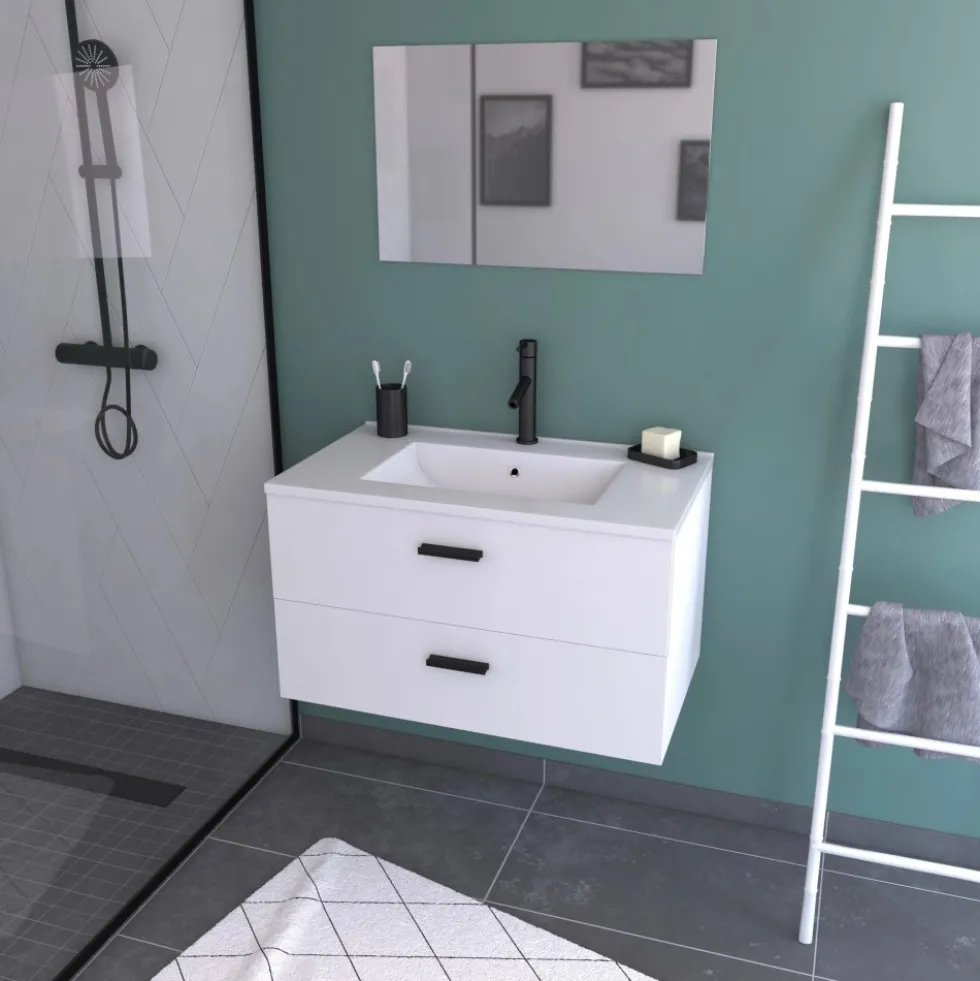 Ensemble meuble vasque salle de bains 80 cm - 2 tiroirs - blanc - Lift AURLANE