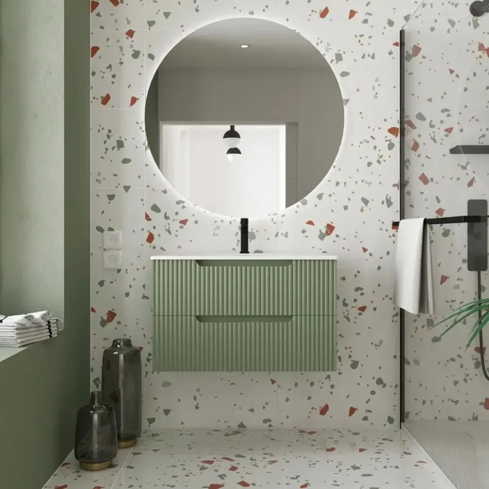 Ensemble meuble vasque salle de bains - 80 cm - 2 tiroirs - Vert Olive AURLANE