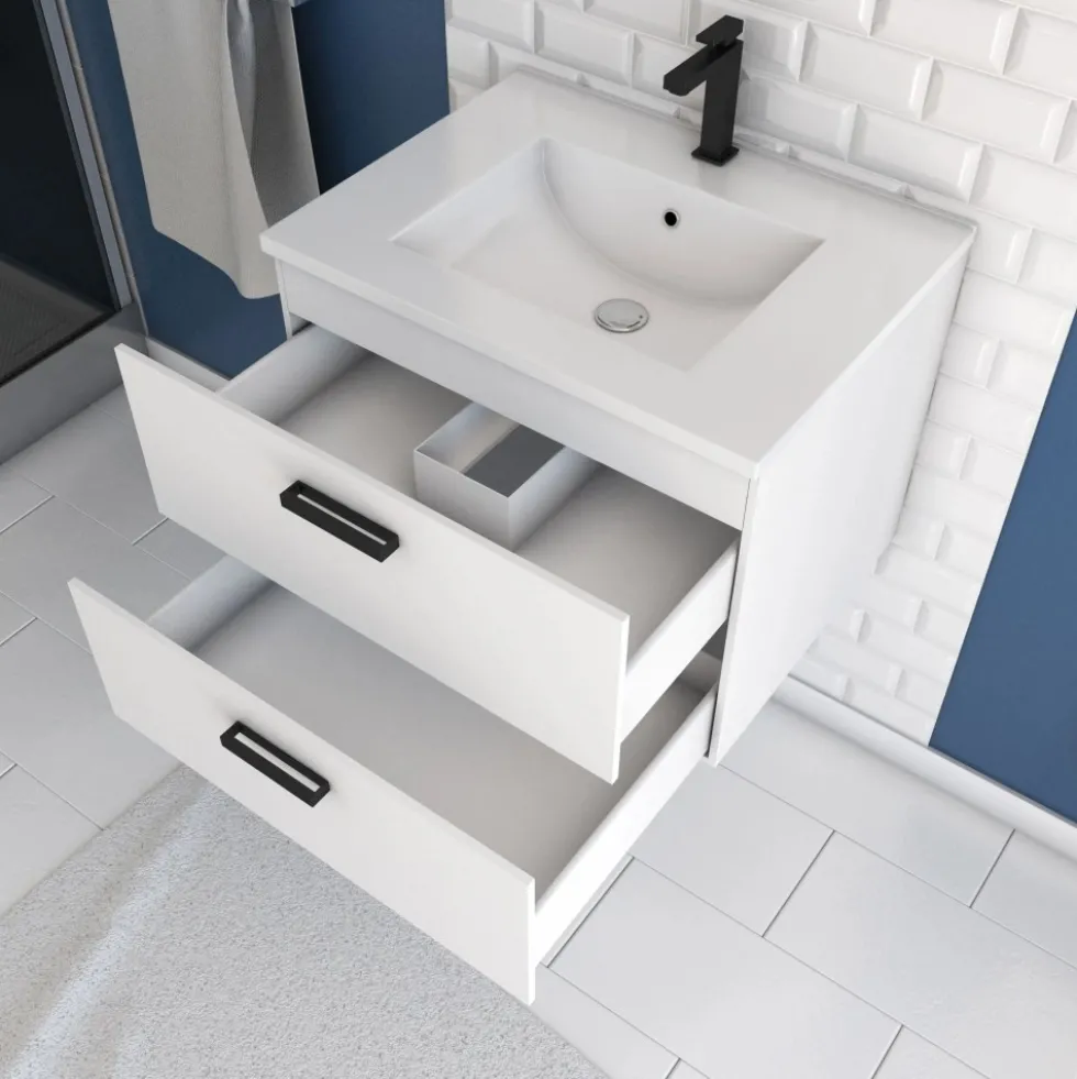 Ensemble meuble vasque salle de bains 60 cm - 2 tiroirs - blanc - Lift AURLANE