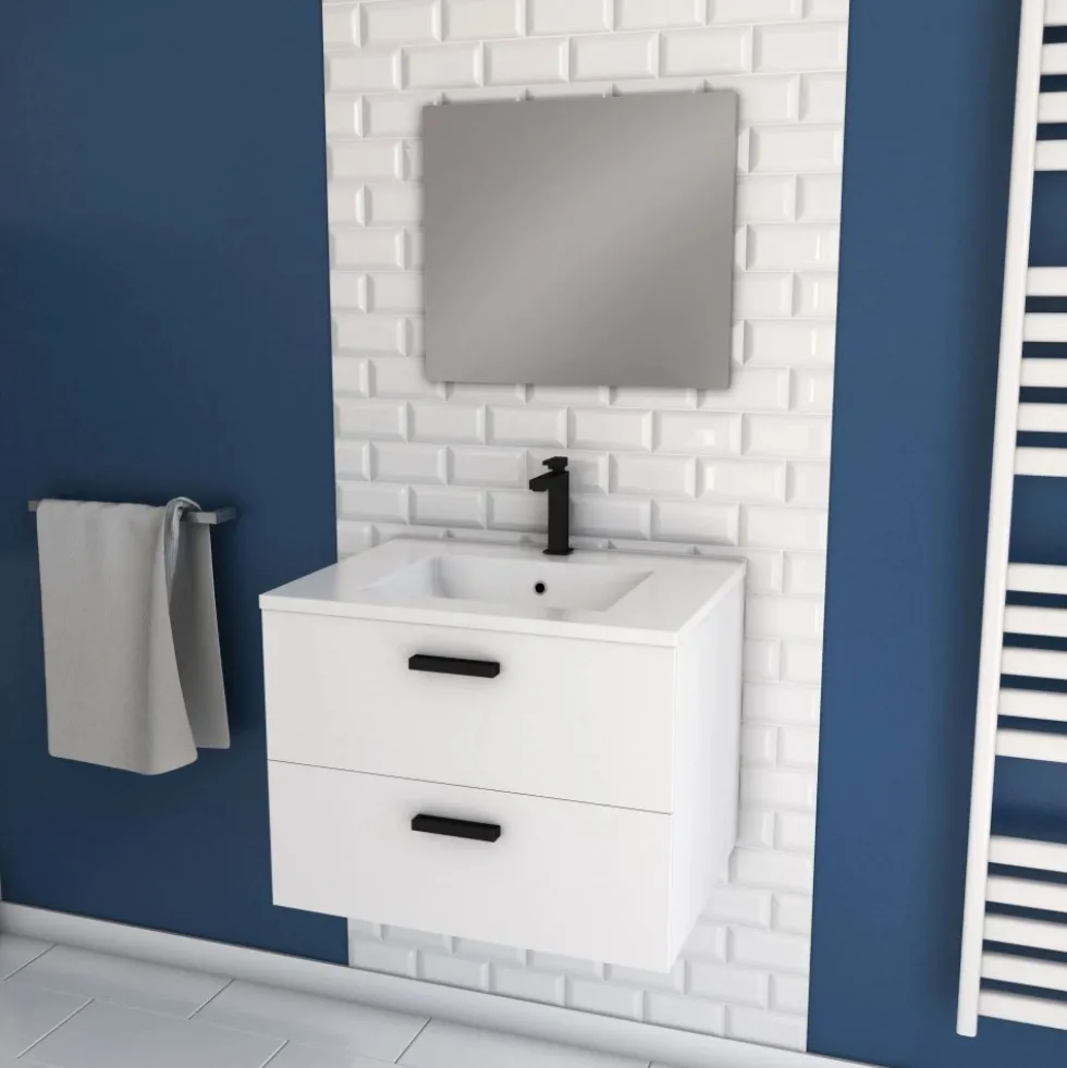 Ensemble meuble vasque salle de bains 60 cm - 2 tiroirs - blanc - Lift AURLANE