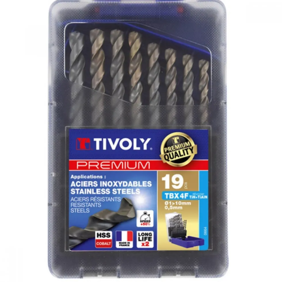 Forets métaux hss queue cylindrique TBX 4F type E coffret de 19 TIVOLY