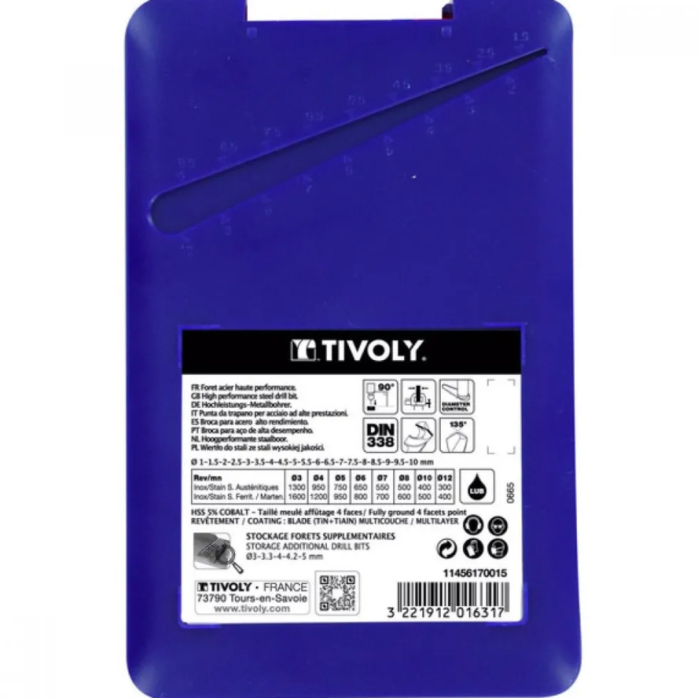 Forets métaux hss queue cylindrique TBX 4F type E coffret de 19 TIVOLY