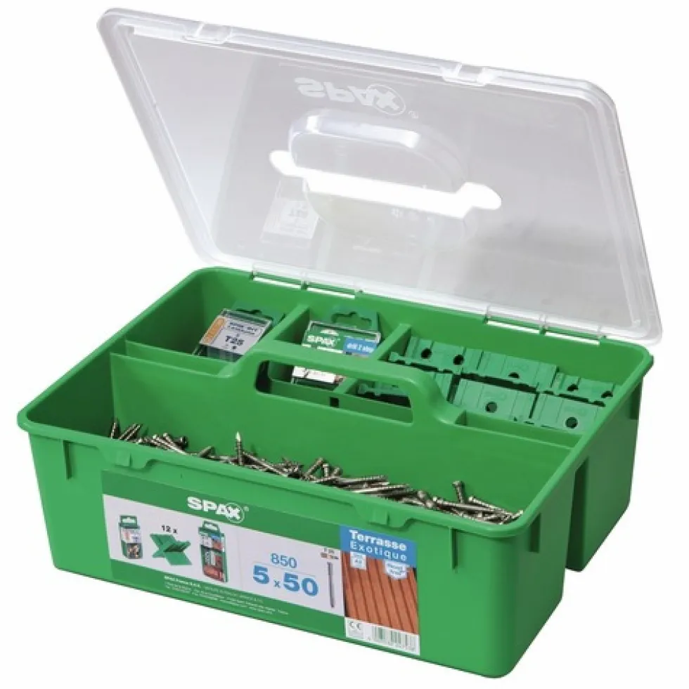 Kit de fixation pro pour terrasse bois exotique - 25 m2 - vis inox A4 SPAX