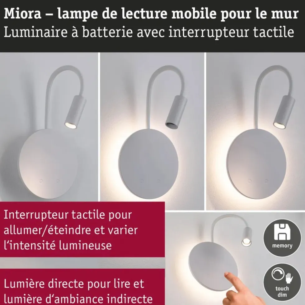 Liseuse LED rechargeable avec bras pivotant - gradable - Miora PAULMANN