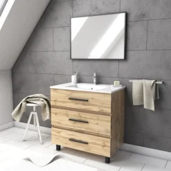 Meuble de salle de bains 80 cm - chêne industriel - 3 tiroirs - Tetra 80 AURLANE