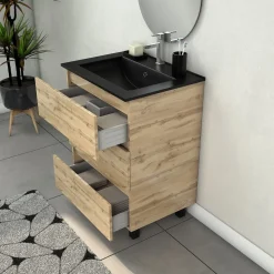 Meuble de salle de bains - 60 cm - 3 tiroirs - avec pieds - Timber AURLANE