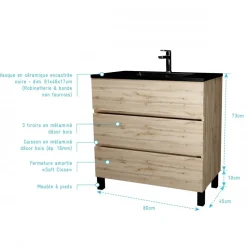 Pack meuble de salle de bains avec vasque noire - 80 cm - 3 tiroirs - Timber AURLANE