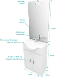 Pack meuble salle de bains avec vasque + miroir LED + colonne H182 cm AURLANE