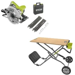 Pack scie circulaire 1600W avec rail de guidage RCS1600-KSR + établi 2 en 1 RWBSB-01 RYOBI