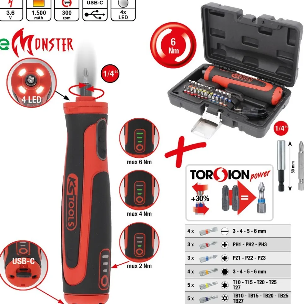 Pack tournevis sans fil eMonster 6Nm + 26 embouts 1/4" - 515.6550 KS TOOLS
