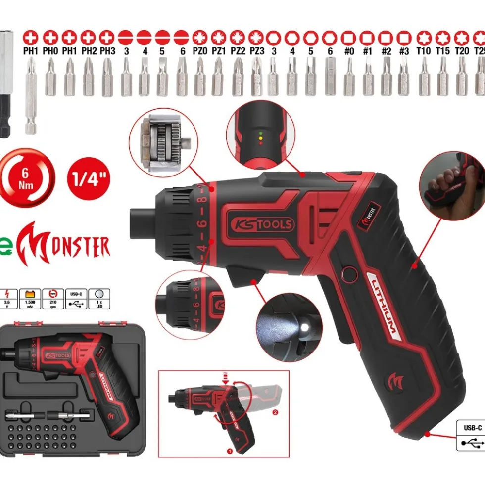 Pack visseuse sans fil eMonster 3,6V + 25 embouts 1/4" - 515.6500 KS TOOLS