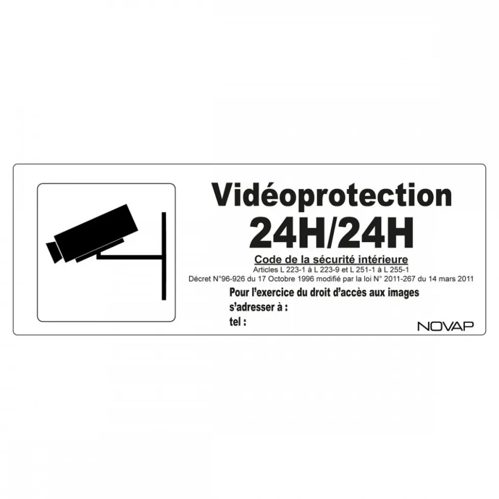 Panneau rigide "Vidéoprotection 24h/24h" - 330x120 mm NOVAP