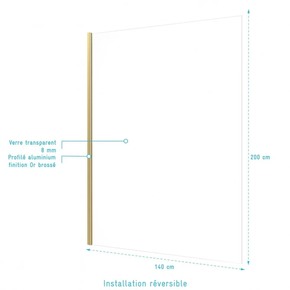 Paroi de douche fixe or brossé Parma 2 - verre transparent AURLANE
