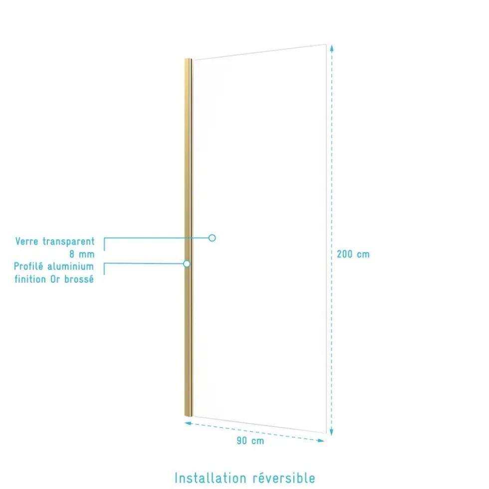 Paroi de douche fixe or brossé Parma 2 - verre transparent AURLANE