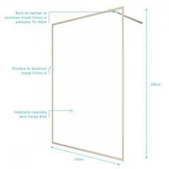 Paroi de douche fixe or brossé - verre transparent - Golden Edge AURLANE
