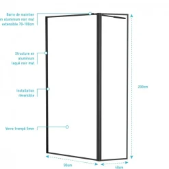 Paroi de douche fixe + volet noir mat - verre transparent - Dark Edge 2 AURLANE