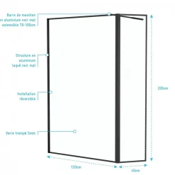 Paroi de douche fixe + volet noir mat - verre transparent - Dark Edge 2 AURLANE