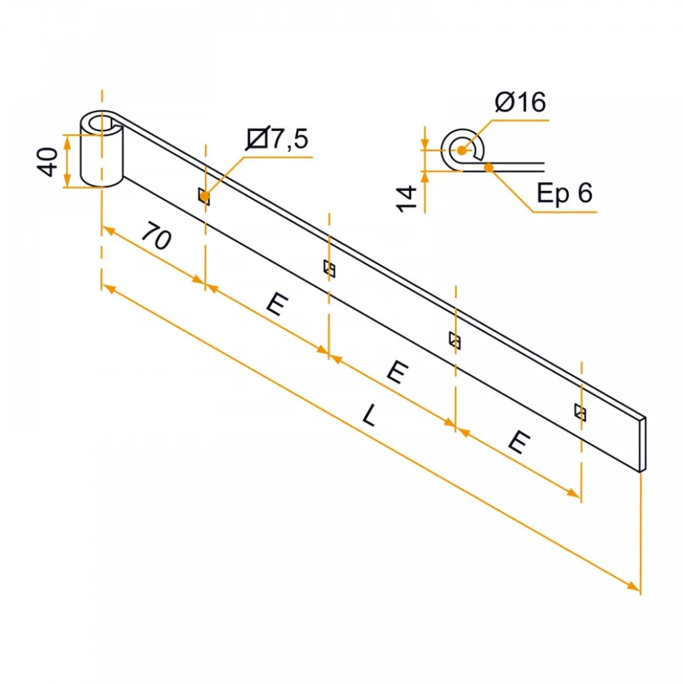Penture droite bout carré Ø16 40×6 mm - trous carrés de 7,5 mm - noir BURGAUD