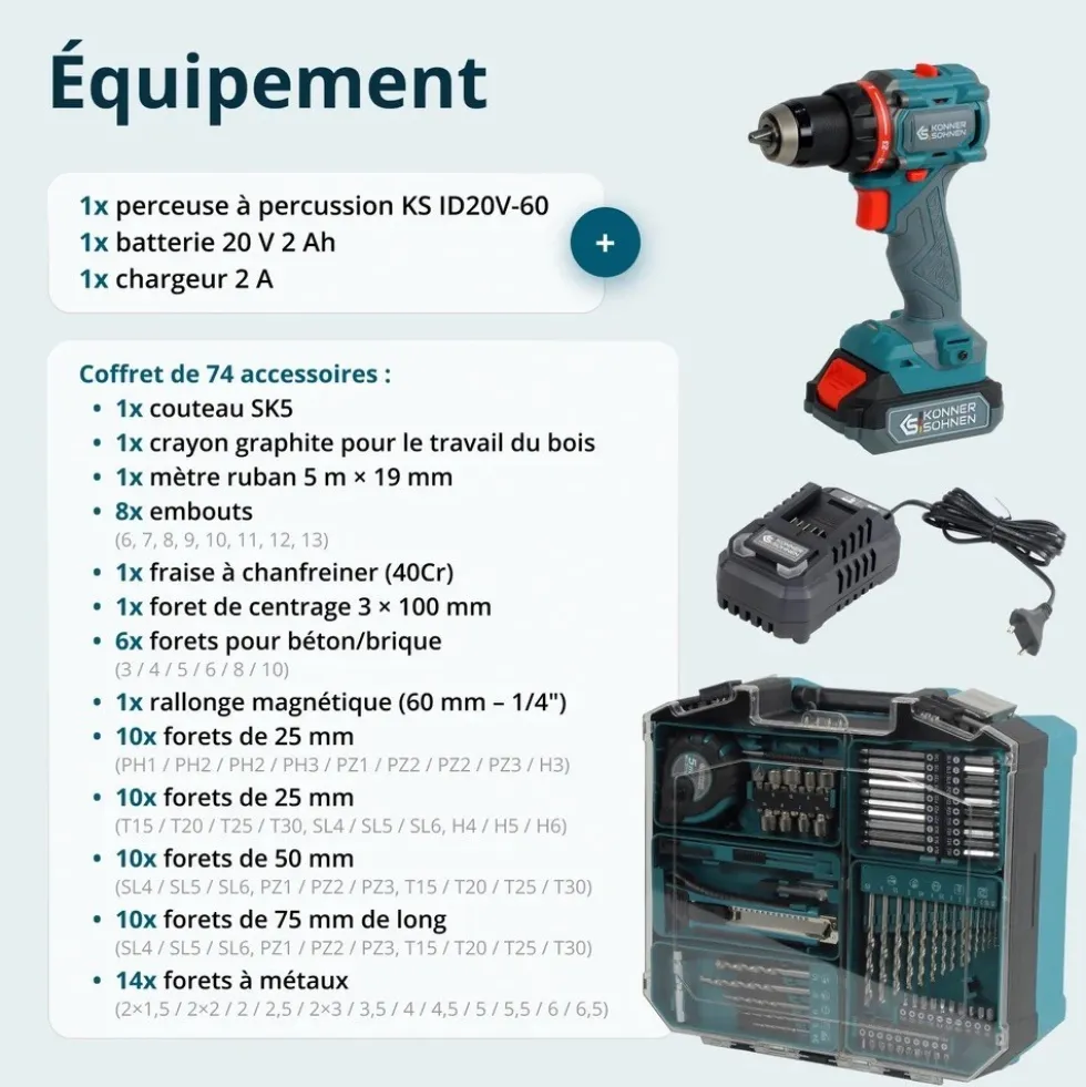 Perceuse à percussion sans fil 20V- coffret 74 accessoires KONNER & SOHNEN