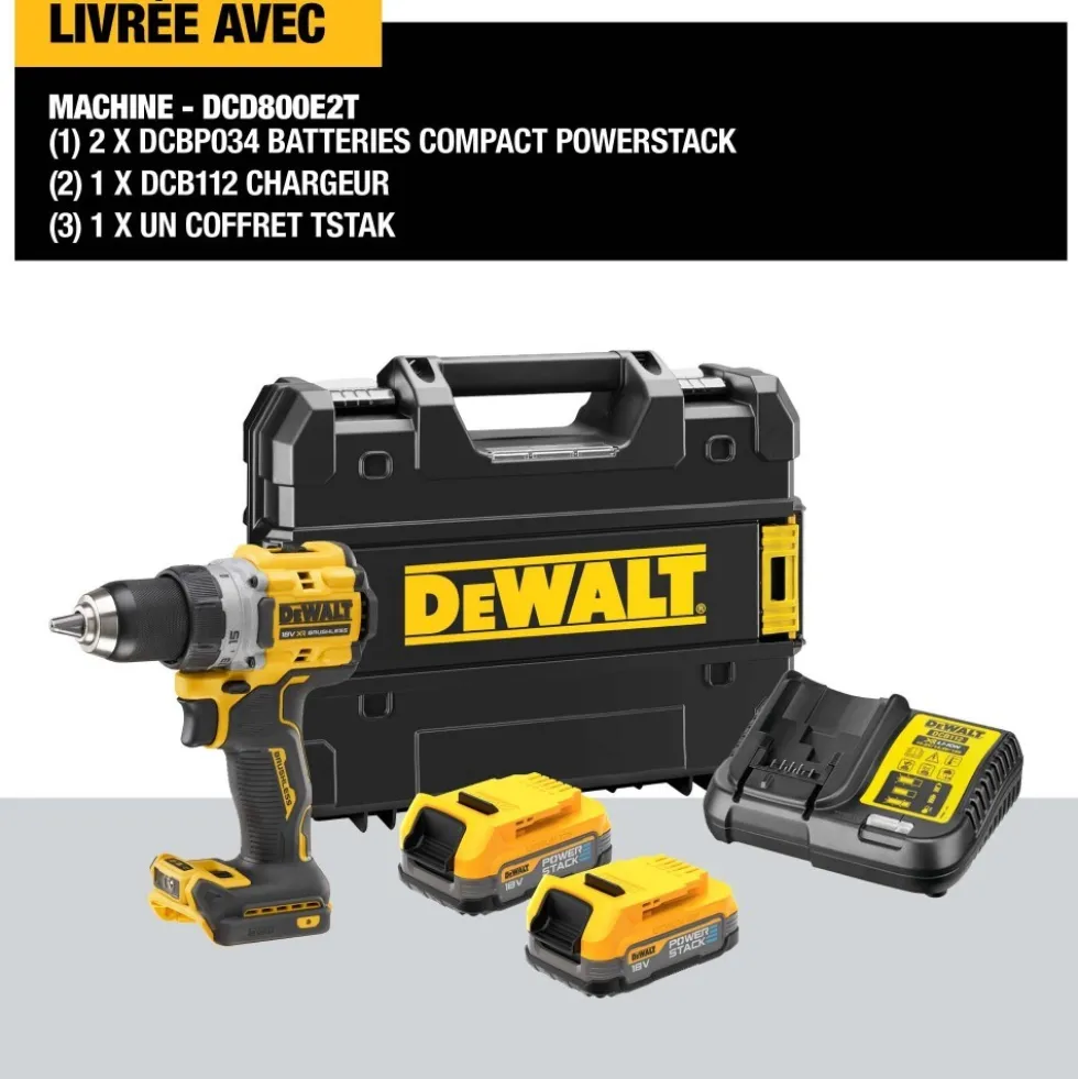 Perceuse visseuse Compacte XR 18V 1,7Ah Brushless -POWERSTACK-DCD800E2T-QW DEWALT