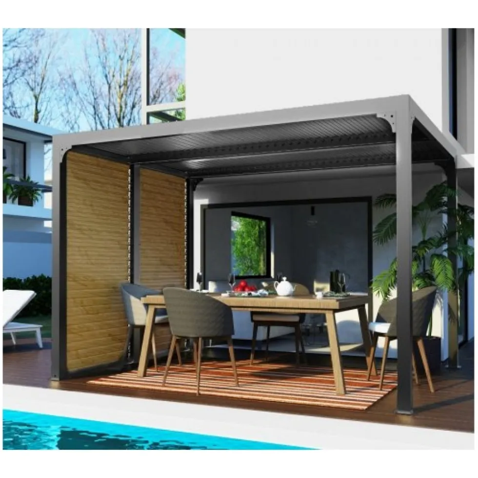 Pergola bioclimatique alu gris avec ventelles latérales - 2,40x3 m - 7,20 m2 HABRITA