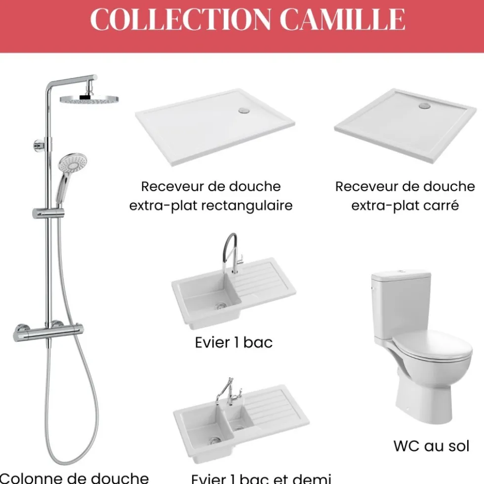 Receveur de douche extra-plat 80x80cm en céramique - blanc - Camille JACOB DELAFON
