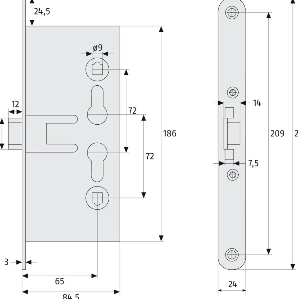 Serrure à larder - compatible porte coupe-feu - entraxe 70 mm - EFS 65 ABUS