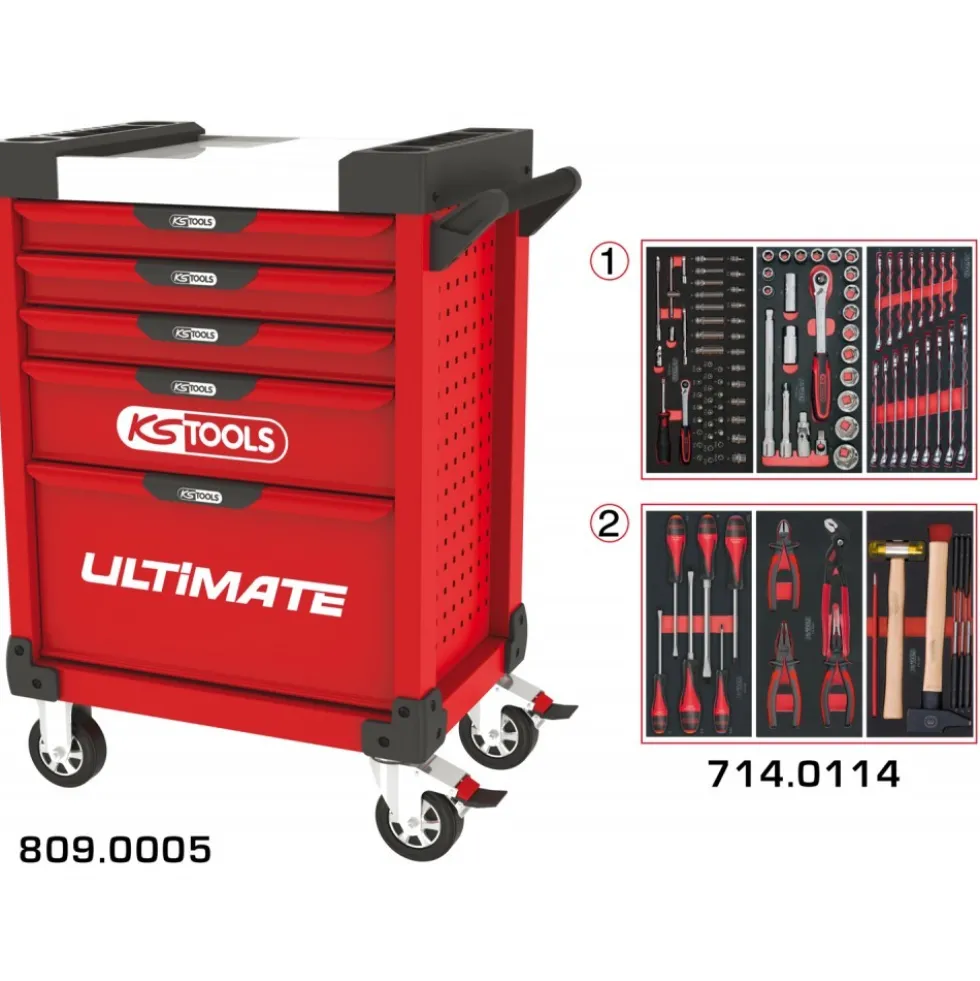 Servante d'atelier ULTIMATE® - 5 tiroirs - 114 outils - rouge KS TOOLS